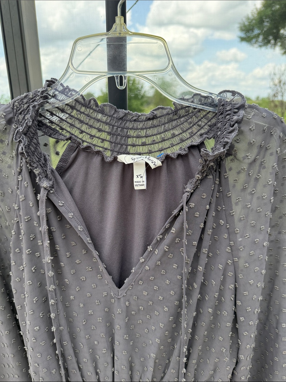 Speechless Slate Gray Long Sleeve Swiss Dot Mini Dress